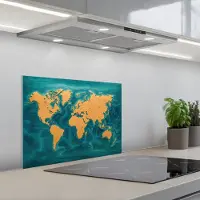 KitchenYeah Spatscherm 60x45 cm - Zelfklevende achterwand Wereldkaart - Houtsnede - Turkooisblauw - Keuken muurbeschermer - Spatwand fornuis