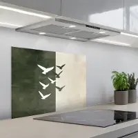KitchenYeah Spatscherm 70x55 cm - Zelfklevende achterwand Japandi - Vogel - Groen - Keuken muurbeschermer - Spatwand fornuis