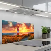 KitchenYeah Spatscherm 80x40 cm - Zelfklevende achterwand Vuurtoren - Zonsondergang - Duinen - Horizon - Keuken muurbeschermer - Spatwand fornuis