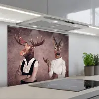 KitchenYeah Spatscherm 80x60 cm - Zelfklevende achterwand Hert - Gewei - Portret - Bruin - Surrealisme - Dier - Keuken muurbeschermer - Spatwand fornuis