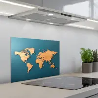 KitchenYeah Spatscherm 60x45 cm - Zelfklevende achterwand Hout - Blauw - Wereldkaart - Keuken muurbeschermer - Spatwand fornuis