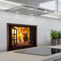 KitchenYeah Spatscherm 60x45 cm - Zelfklevende achterwand Schotse hooglander - Bos - Herfst - Dieren - Natuur - Bladeren - Doorkijk - Keuken muurbeschermer - Spatwand fornuis