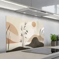 KitchenYeah Spatscherm 100x65 cm - Zelfklevende achterwand Japandi - Landschap - Beige - Keuken muurbeschermer - Spatwand fornuis