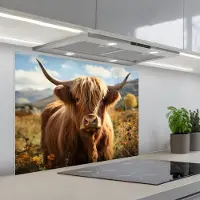 KitchenYeah Spatscherm 90x70 cm - Zelfklevende achterwand Schotse hooglander - Dieren portret - Natuur - Dier - Keuken muurbeschermer - Spatwand fornuis