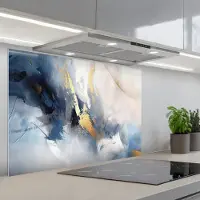 KitchenYeah Spatscherm 80x55 cm - Zelfklevende achterwand Blauw - Modern - Marmer print - Abstract - Goud - Keuken muurbeschermer - Spatwand fornuis