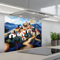KitchenYeah Spatscherm 90x70 cm - Zelfklevende achterwand Dorp - Heuvelachtig - Zon - Mozaïek - Keuken muurbeschermer - Spatwand fornuis