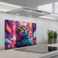 KitchenYeah Spatscherm 70x50 cm - Zelfklevende achterwand Kat - Pop art - China - Neon - Stad - Keuken muurbeschermer - Spatwand fornuis