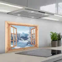 KitchenYeah Spatscherm 70x50 cm - Zelfklevende achterwand Doorkijk - Winterlandschap - Natuur - Berg - Bomen - Hout - Keuken muurbeschermer - Spatwand fornuis