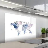 KitchenYeah Spatscherm 100x65 cm - Zelfklevende achterwand Wereldkaart - Aquarel - Pastel - Keuken muurbeschermer - Spatwand fornuis