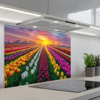 KitchenYeah Spatscherm 80x55 cm - Zelfklevende achterwand Tulpenveld - Zonsondergang - Kleurrijk - Keuken muurbeschermer - Spatwand fornuis