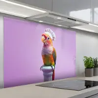 KitchenYeah Spatscherm 120x80 cm - Zelfklevende achterwand Papegaai - Koksmuts - Pilaar - Vogel - Keuken muurbeschermer - Spatwand fornuis