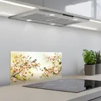 KitchenYeah Spatscherm 70x30 cm - Zelfklevende achterwand Takken - Bloemen - Vogeltjes - Roze - Keuken muurbeschermer - Spatwand fornuis