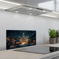 KitchenYeah Spatscherm 70x30 cm - Zelfklevende achterwand Kerstfeest - Dorp - Donker - Keuken muurbeschermer - Spatwand fornuis