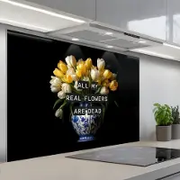 KitchenYeah Spatscherm 120x80 cm - Zelfklevende achterwand Quotes - Bloem - Tulp - Geel - Keuken muurbeschermer - Spatwand fornuis