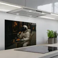 KitchenYeah Spatscherm 70x55 cm - Zelfklevende achterwand Café - Croissant - Koffie - Astronaut - Keuken muurbeschermer - Spatwand fornuis