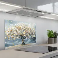 KitchenYeah Spatscherm 70x55 cm - Zelfklevende achterwand Boom - Winter - Levensboom - Modern - Goud - Keuken muurbeschermer - Spatwand fornuis