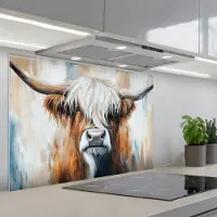 KitchenYeah Spatscherm 90x60 cm - Zelfklevende achterwand Schotse hooglander - Street art - Vintage - Koe - Dieren - Keuken muurbeschermer - Spatwand fornuis