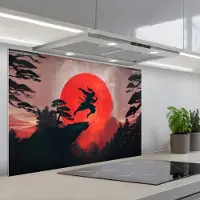 KitchenYeah Spatscherm 80x55 cm - Zelfklevende achterwand Zon - Krijger - Bomen - Bergen - Keuken muurbeschermer - Spatwand fornuis