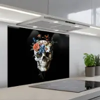 KitchenYeah Spatscherm 90x70 cm - Zelfklevende achterwand Bloemen - Schedel - Kleurrijk - Keuken muurbeschermer - Spatwand fornuis