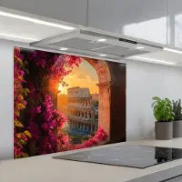 KitchenYeah Spatscherm 80x60 cm - Zelfklevende achterwand Colosseum - Rome - Roze Bloemen - Keuken muurbeschermer - Spatwand fornuis