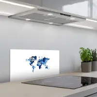 KitchenYeah Spatscherm 60x30 cm - Zelfklevende achterwand Indigo - Wereldkaart - Aquarel - Keuken muurbeschermer - Spatwand fornuis
