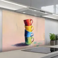 KitchenYeah Spatscherm 120x80 cm - Zelfklevende achterwand Mokken - Gestapeld - Keramiek - Kleurrijk - Keuken muurbeschermer - Spatwand fornuis