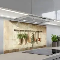 KitchenYeah Spatscherm 120x60 cm - Zelfklevende achterwand Hout - Keukengerei - Stilleven - Tegels - Keuken muurbeschermer - Spatwand fornuis
