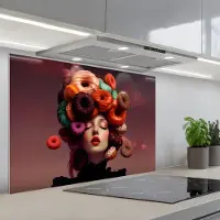 KitchenYeah Spatscherm 80x55 cm - Zelfklevende achterwand Vrouw - Donuts - Kleurrijk - Keuken muurbeschermer - Spatwand fornuis
