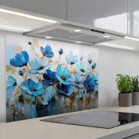 KitchenYeah Spatscherm 80x55 cm - Zelfklevende achterwand Bloemen - Schilderij - Blauw - Keuken muurbeschermer - Spatwand fornuis