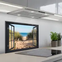 KitchenYeah Spatscherm 70x50 cm - Zelfklevende achterwand Doorkijk - Strand - Zee - Zand - Water - Helmgras - Duinen - Keuken muurbeschermer - Spatwand fornuis