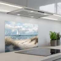 KitchenYeah Spatscherm 70x55 cm - Zelfklevende achterwand Zee - Zeilboot - Strand - Duinen - Vintage - Keuken muurbeschermer - Spatwand fornuis