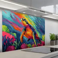 KitchenYeah Spatscherm 120x80 cm - Zelfklevende achterwand Koraal - Schildpad - Abstract - Water - Keuken muurbeschermer - Spatwand fornuis