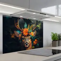 KitchenYeah Spatscherm 80x55 cm - Zelfklevende achterwand Hert - Bloemen - Natuur - Botanisch - Dier - Keuken muurbeschermer - Spatwand fornuis