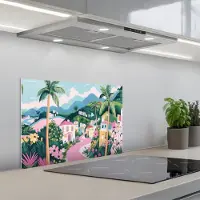 KitchenYeah Spatscherm 60x40 cm - Zelfklevende achterwand Kleurrijk - Huizen - Heuvels - Roze - Keuken muurbeschermer - Spatwand fornuis