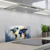 KitchenYeah Spatscherm 70x30 cm - Zelfklevende achterwand Wereldkaart - Blauw - Abstract - Keuken muurbeschermer - Spatwand fornuis