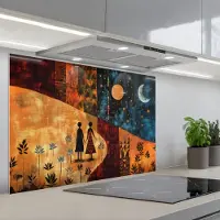 KitchenYeah Spatscherm 90x60 cm - Zelfklevende achterwand Silhouetten - Abstract - Zon - Maan - Keuken muurbeschermer - Spatwand fornuis
