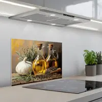 KitchenYeah Spatscherm 60x45 cm - Zelfklevende achterwand Stilleven - Olijfolie - Knoflook - Kruiden - Keuken muurbeschermer - Spatwand fornuis