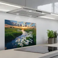 KitchenYeah Spatscherm 70x55 cm - Zelfklevende achterwand Beekje - Landschap - Margriet - Keuken muurbeschermer - Spatwand fornuis