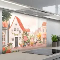 KitchenYeah Spatscherm 120x80 cm - Zelfklevende achterwand Bloemen - Huizen - Dorp - Keuken muurbeschermer - Spatwand fornuis