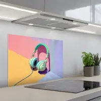 KitchenYeah Spatscherm 70x55 cm - Zelfklevende achterwand Koptelefoon - Mintgroen - Draad - Keuken muurbeschermer - Spatwand fornuis