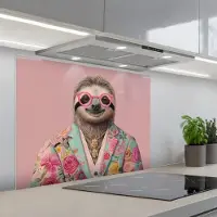 KitchenYeah Spatscherm 80x60 cm - Zelfklevende achterwand Luiaard - Bloemenprint - Bril - Roze - Keuken muurbeschermer - Spatwand fornuis