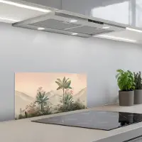 KitchenYeah Spatscherm 60x30 cm - Zelfklevende achterwand Tropisch landschap - palmbomen - Bloemen - Roze lucht - Keuken muurbeschermer - Spatwand fornuis