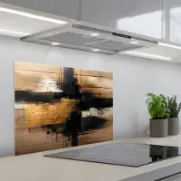 KitchenYeah Spatscherm 70x50 cm - Zelfklevende achterwand Modern - Zwart - Goud - Verf - Keuken muurbeschermer - Spatwand fornuis