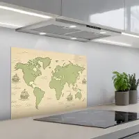KitchenYeah Spatscherm 70x55 cm - Zelfklevende achterwand Wereldkaart - Zeilschepen - Lichtgroen - Keuken muurbeschermer - Spatwand fornuis