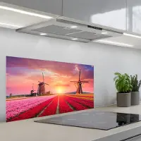 KitchenYeah Spatscherm 90x45 cm - Zelfklevende achterwand Bloemen - Tulpen - Bloemenveld - Molens - Holland - Keuken muurbeschermer - Spatwand fornuis