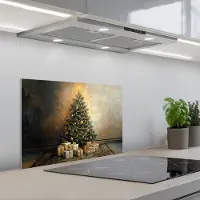 KitchenYeah Spatscherm 60x40 cm - Zelfklevende achterwand Kerstboom - Cadeaus - Goud - Keuken muurbeschermer - Spatwand fornuis