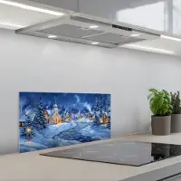 KitchenYeah Spatscherm 70x30 cm - Zelfklevende achterwand Winteravond - Kerstdorp - Donker - Keuken muurbeschermer - Spatwand fornuis