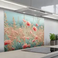 KitchenYeah Spatscherm 100x75 cm - Zelfklevende achterwand Bloemen - Natuur - Klaprozen - Bloemenveld - Keuken muurbeschermer - Spatwand fornuis