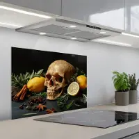 KitchenYeah Spatscherm 70x55 cm - Zelfklevende achterwand Skelet - Citroen - Eten - Schedel - Kaneel - Kruiden - Keuken muurbeschermer - Spatwand fornuis