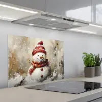 KitchenYeah Spatscherm 70x50 cm - Zelfklevende achterwand Sneeuwpop - Winter - Sneeuw - Beige - Keuken muurbeschermer - Spatwand fornuis